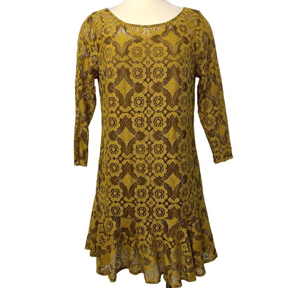 Free People Walking To The Sun Lace Mini Dress in Dandelion Mustard Yellow 10-12 - Picture 1 of 9